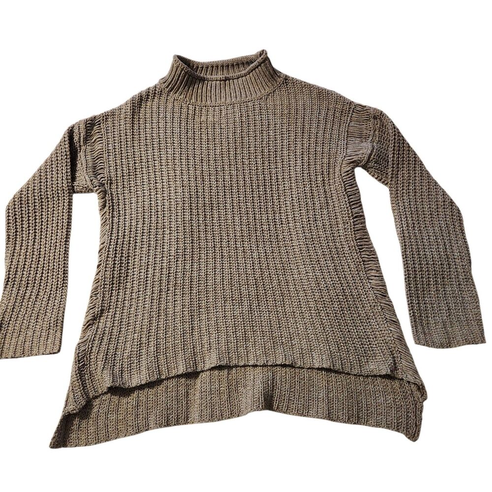 Umgee Light Brown Open Side Mock Neck LS Knit Hi Low Sweater Size Small